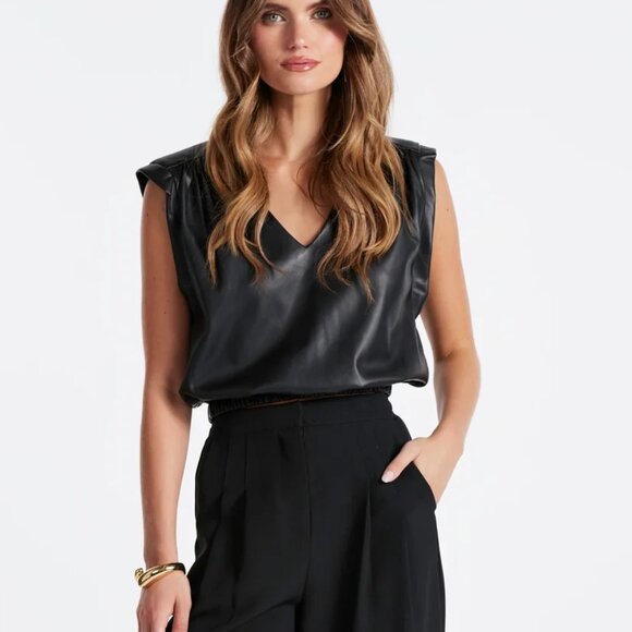 Anthropologie Bishop + Young Simone Vegan Faux-Leather Banded V-Neck Top - Picture 5 of 15
